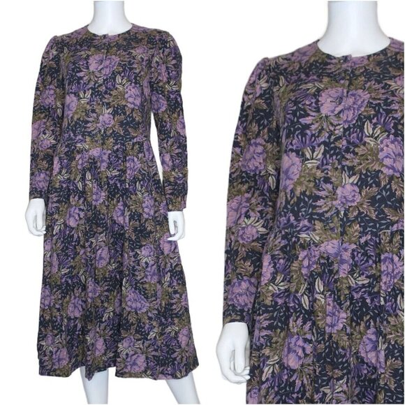 Vintage 80s Laura Ashley Cotton Wool Modest Cottagecore Floral Dress Women's 12 - Picture 1 of 6